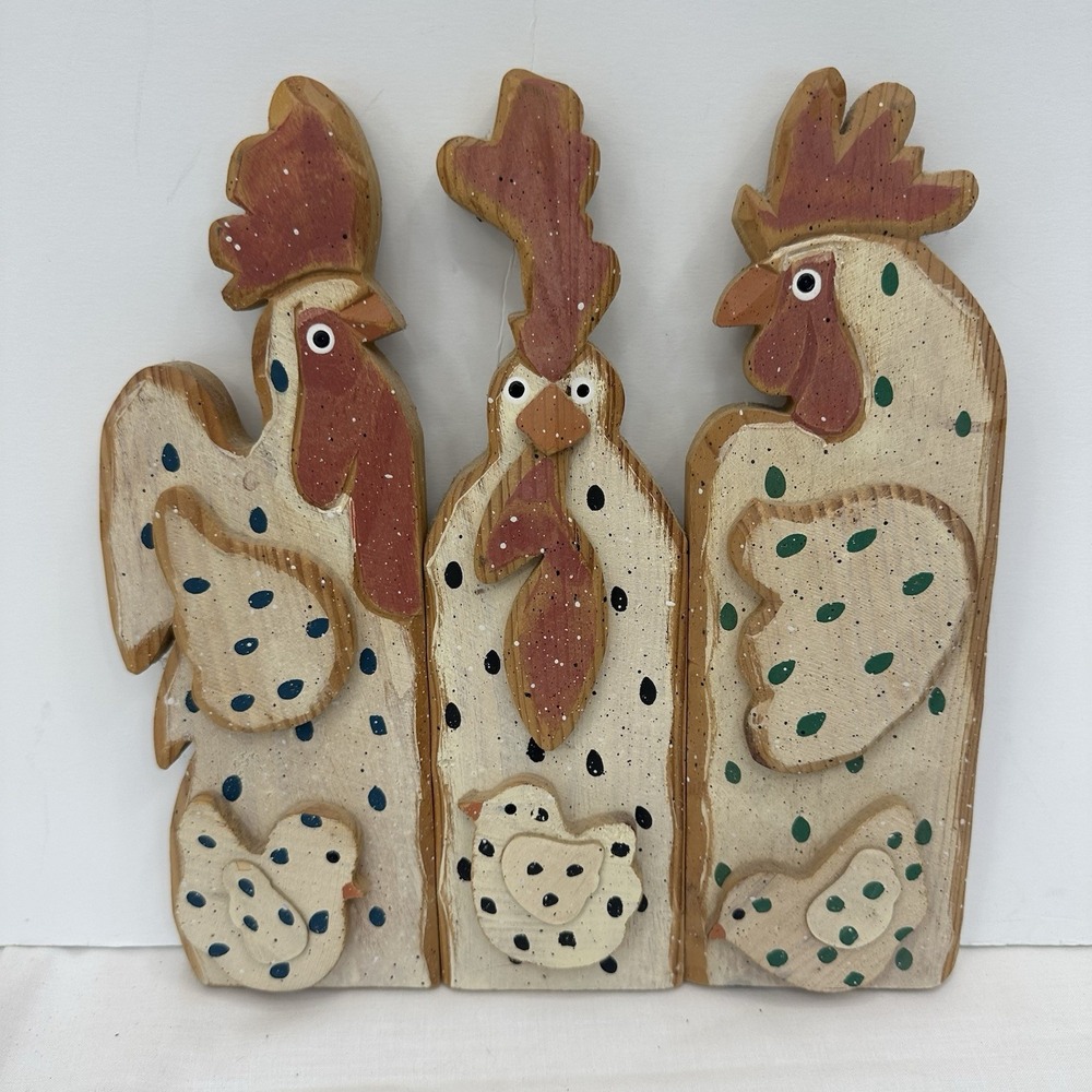 Folk Art Stand Up Roosters Chicken Wooden Three Hinges Adjustable Farm Kitchen